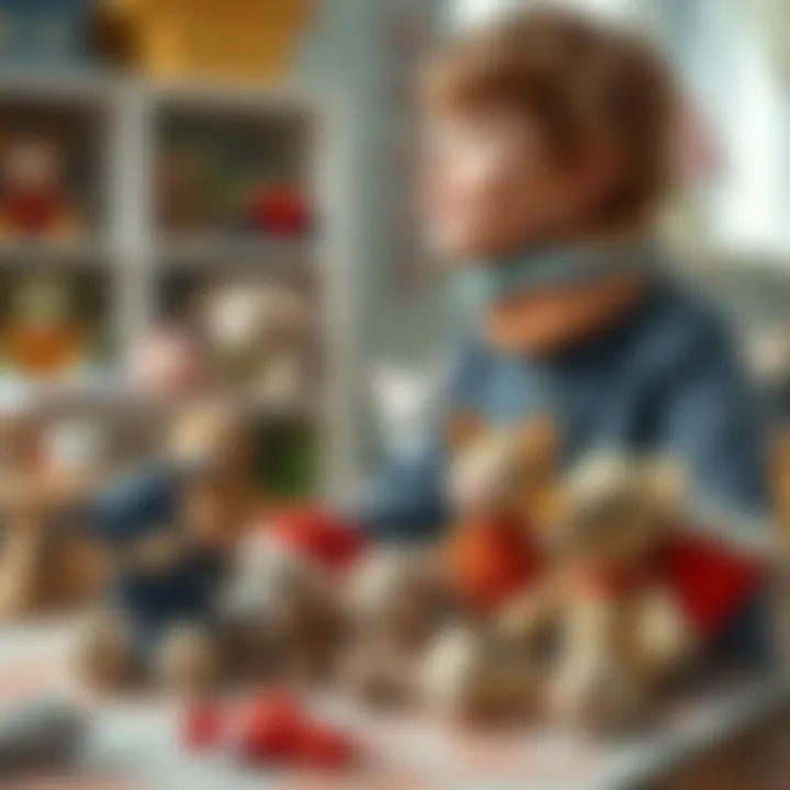 Engaged child playing with knitted toys