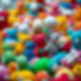 Colorful knitted toys in various shapes