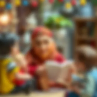 A whimsical illustration depicting Nasrettin Hoca sharing a story with children.