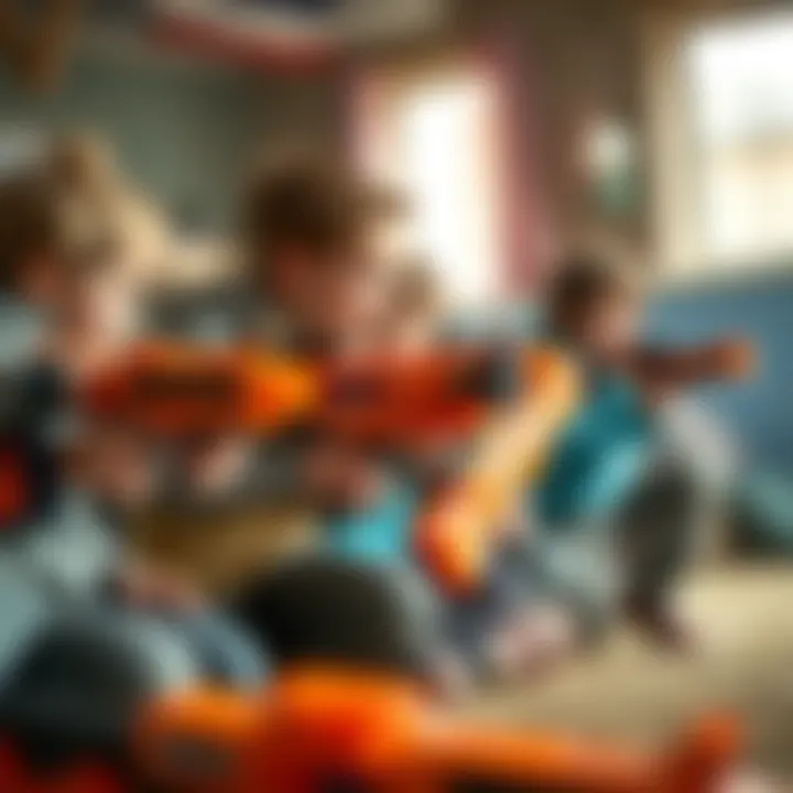 Group of children engaging in a Nerf battle
