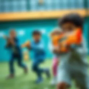 Children exhibiting physical activity and enthusiasm during a Nerf Strike session.