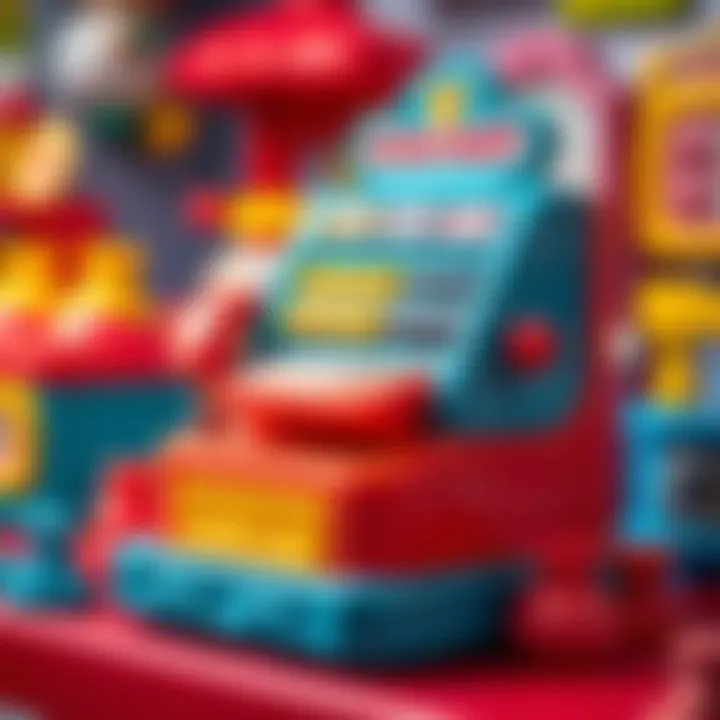 Colorful toy cash register with various accessories