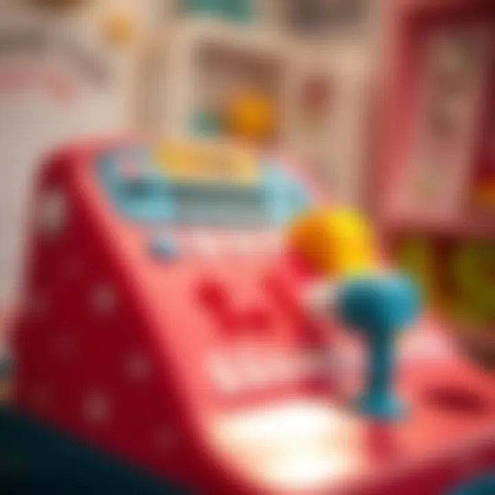Close-up of a toy cash register showcasing educational features