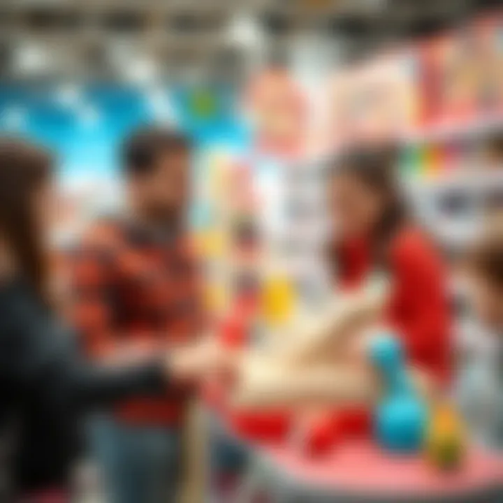Parents selecting a toy cash register in a toy store