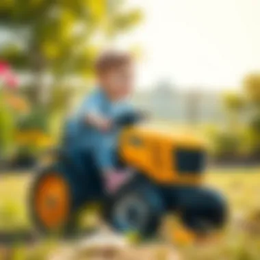 Imagining Adventures: A Child's Journey on a Toy Pedal Tractor Child riding a toy pedal tractor in a sunny garden