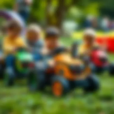 Social Interaction: Children Engaging in Cooperative Play with Toy Tractors Group of children playing with toy pedal tractors together
