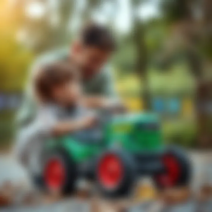 Nurturing Growth: Parents Supporting Their Children's Playtime Adventures Parent watching a child play with a toy pedal tractor
