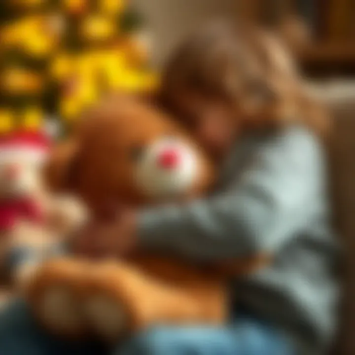 A child hugging a plush teddy bear