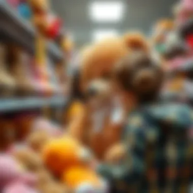 Parents choosing a plush teddy bear in a store