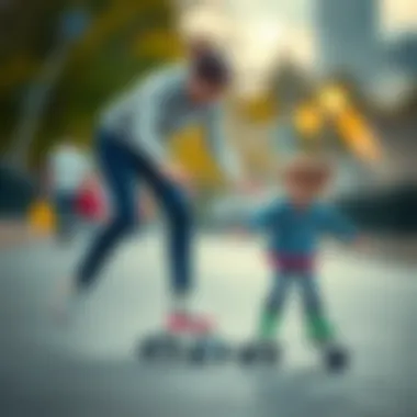 A parent assisting a child in learning to skate on four wheels.