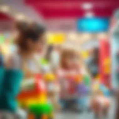 A parent guiding a child through a shopping role-play activity