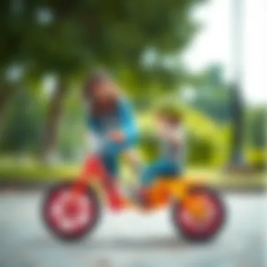 Parent guiding a child on how to use a three-wheeled bicycle safely.