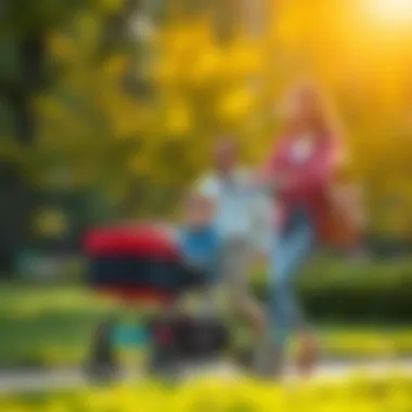 A parent pushing a child in a stroller outdoors