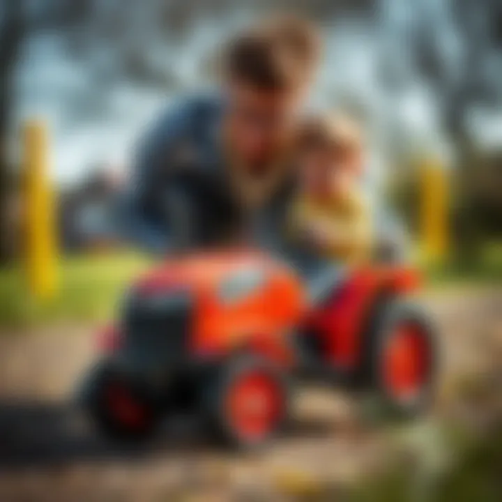 Parent supervising child playing with a pedal toy tractor