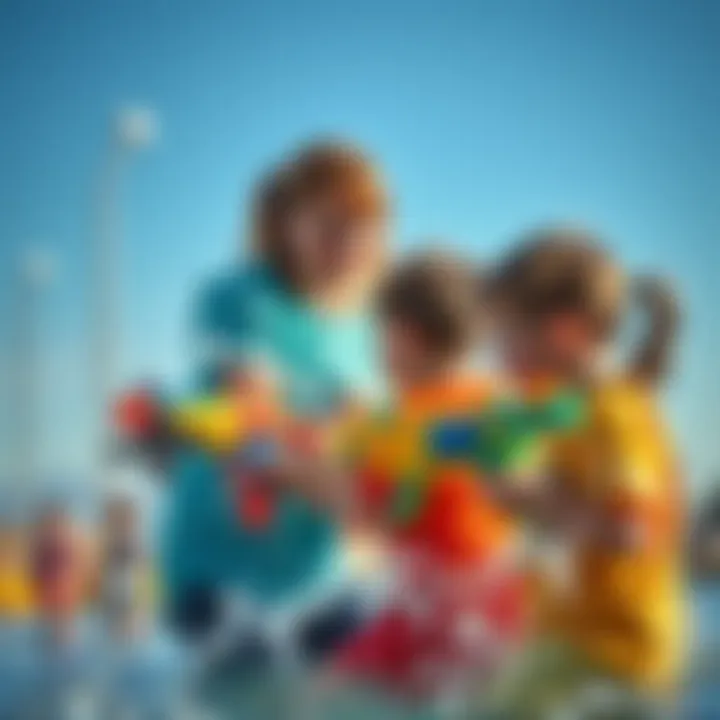 A parent supervising children during a water gun game