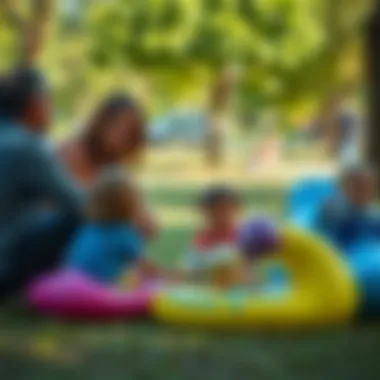 Parents observing children playing with inflatable dolls in a park
