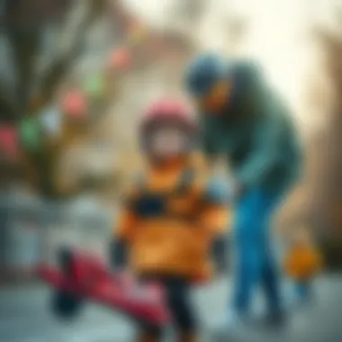Parent guiding child wearing skating gear