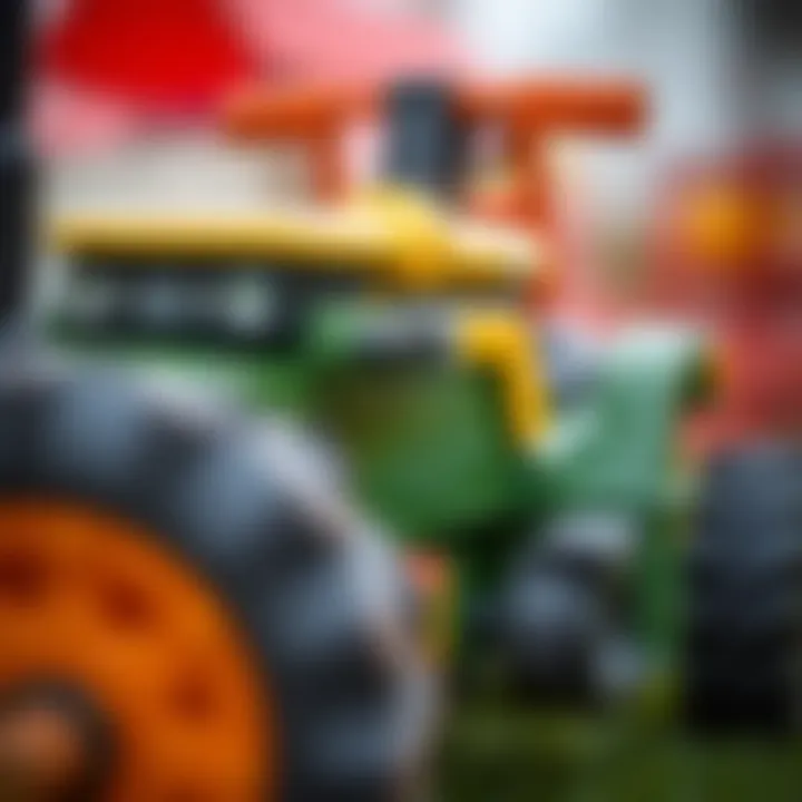 Close-up of a pedal toy tractor's features and design