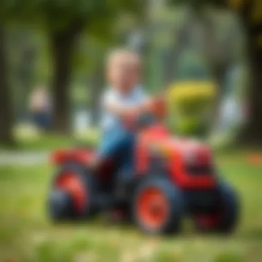 Child riding a pedal toy tractor in a park