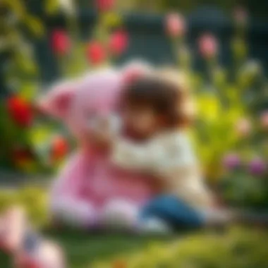 Emotional Bonding with a Pink Teddy Bear Child hugging a pink teddy bear in a garden