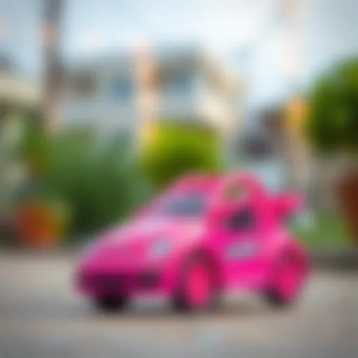 A vibrant pink toy car designed for children, showcasing its playful features.
