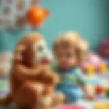 A colorful plush monkey toy engaging with a child