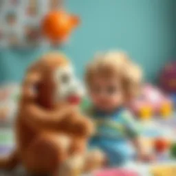 A colorful plush monkey toy engaging with a child