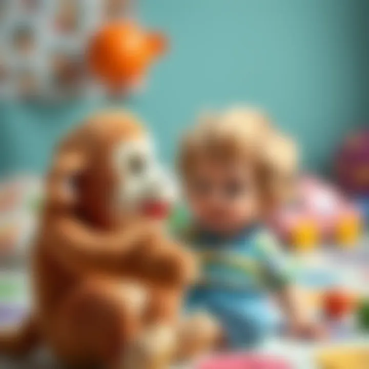 Engaging Playtime with Plush Monkey A colorful plush monkey toy engaging with a child