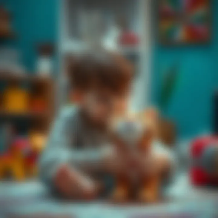 Child engaging with plush cat for educational purposes