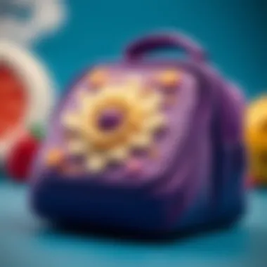 Close-up of decorative elements on a purple lunch bag.