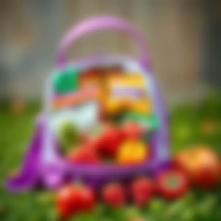 Children's lunch bag filled with healthy snacks and vibrant fruits.