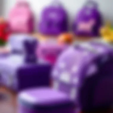 A collection of purple lunch bags with varying designs and styles.