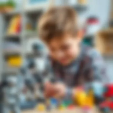 A child engaged in building a robot with a set