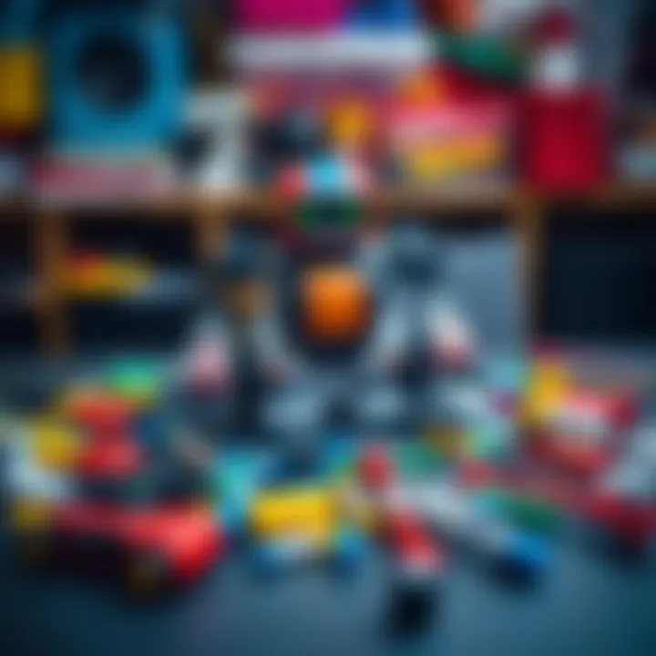 Colorful components of a robot kit spread on a table