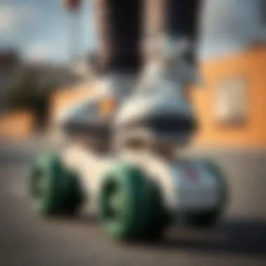Close-up of four-wheeled skates highlighting safety features.