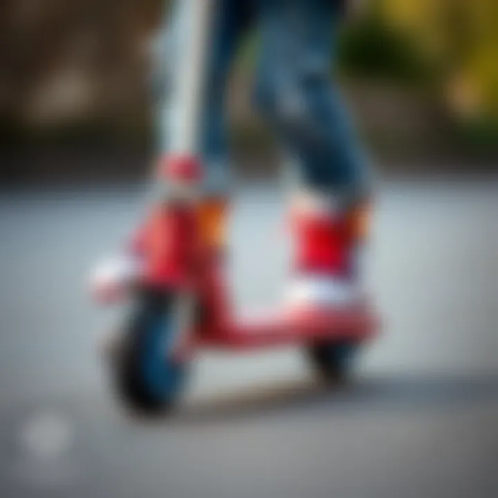 Close-up of a child's feet on a scooter, highlighting balance and coordination skills.