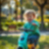 A child joyfully riding a scooter in a park, showcasing the thrill of outdoor play.
