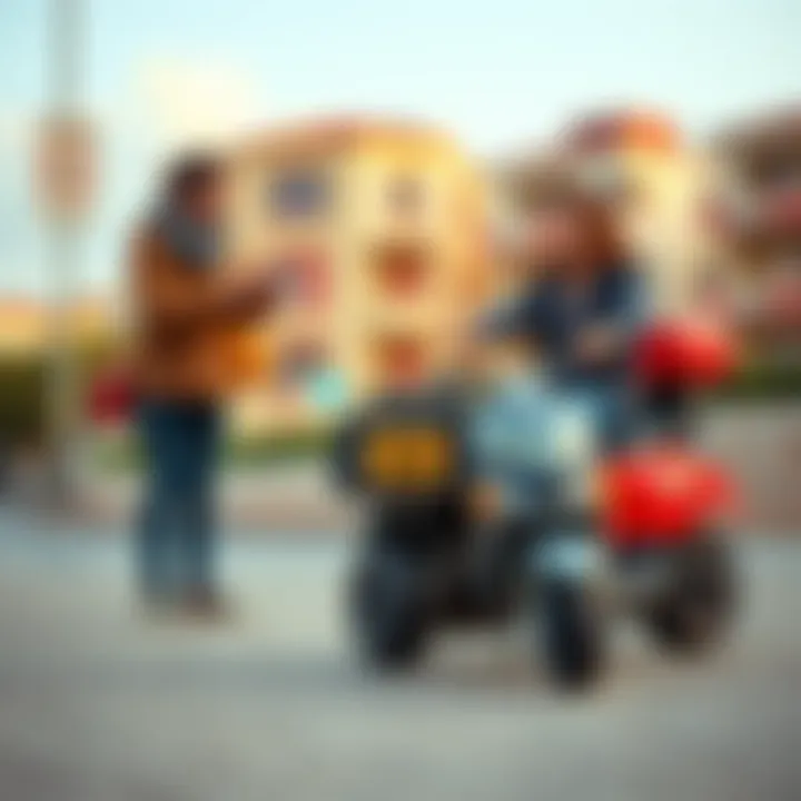 Parents observing their child riding a scooter, showing involvement in child development.