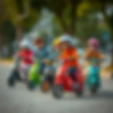 A group of children riding scooters together, emphasizing social interaction and teamwork.