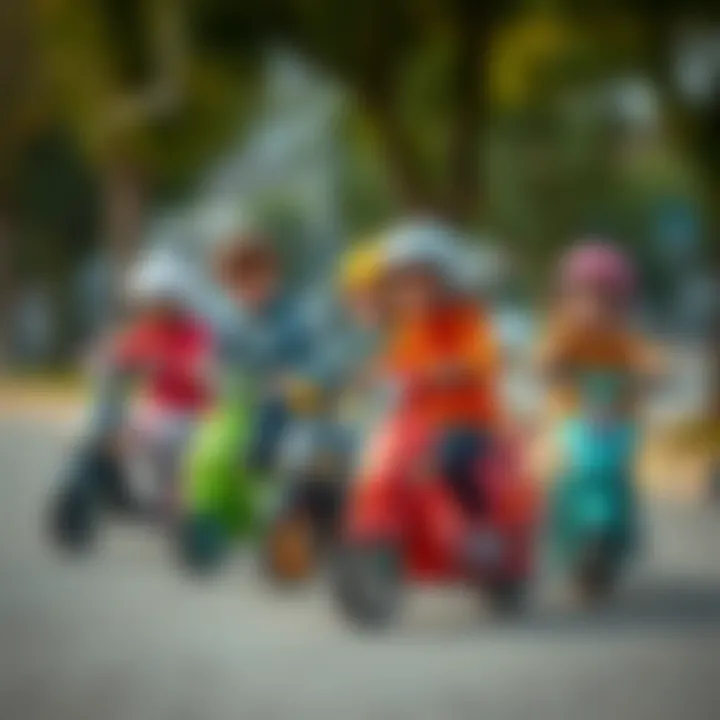 A group of children riding scooters together, emphasizing social interaction and teamwork.