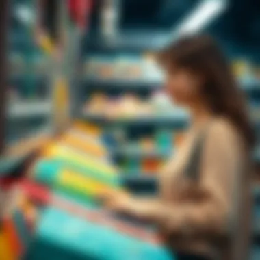 A parent selecting the right set of colored pencils in a store