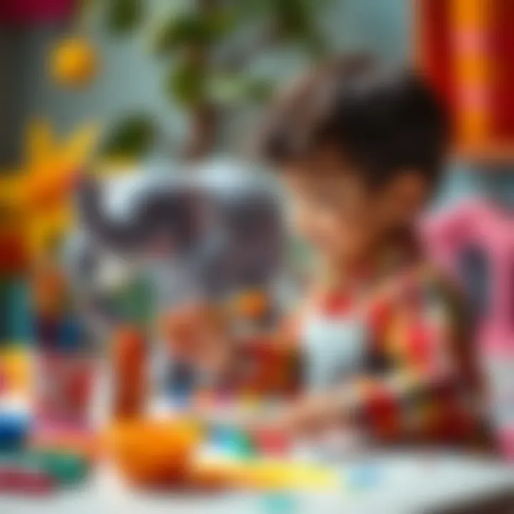 An imaginative scene depicting a young child painting a cheerful elephant