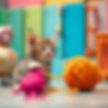 A playful kitten engaging with a ball of yarn in a colorful setting