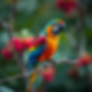 A delightful illustration of a colorful parrot perched on a branch