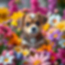 A vibrant painting of a cute puppy surrounded by colorful flowers