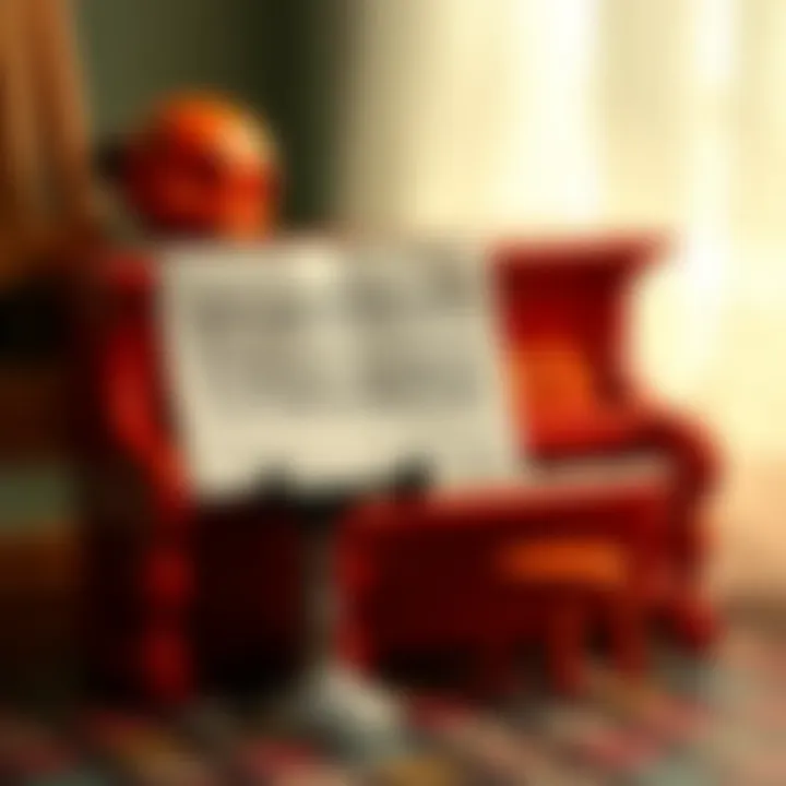 Sheet music notes on a stand next to a toy piano