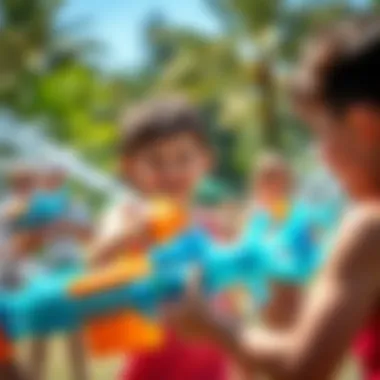 A group of children enjoying a water gun fight in a sunny park