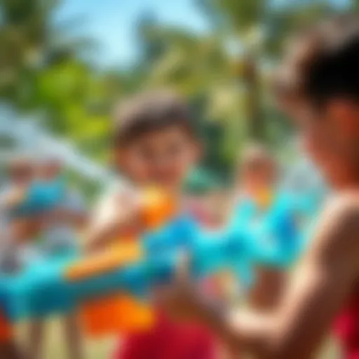 A group of children enjoying a water gun fight in a sunny park