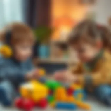 Siblings learning to share toys and cooperate