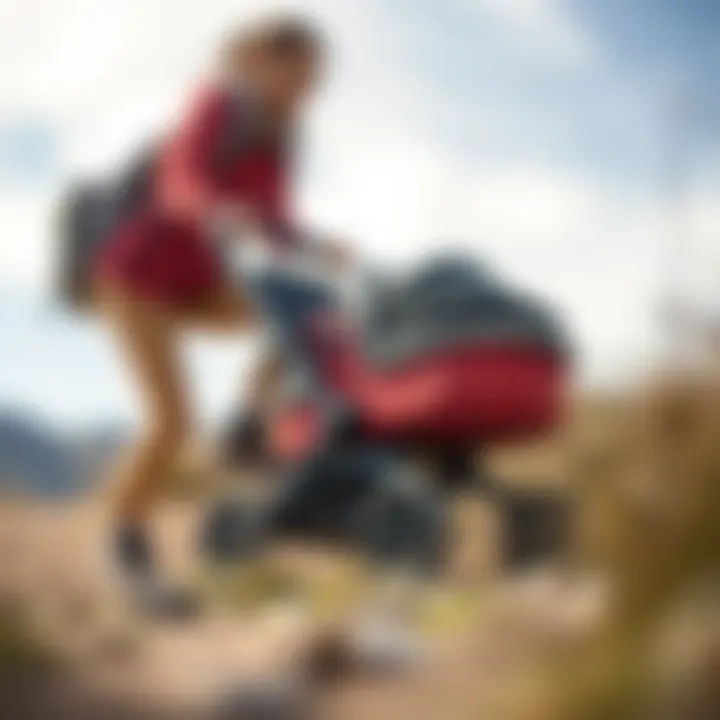 Parent pushing a sturdy stroller over uneven terrain